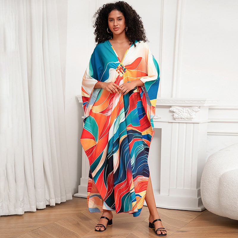 Print Holiday Loose Plus Size Robe Beach Cover-up Dress