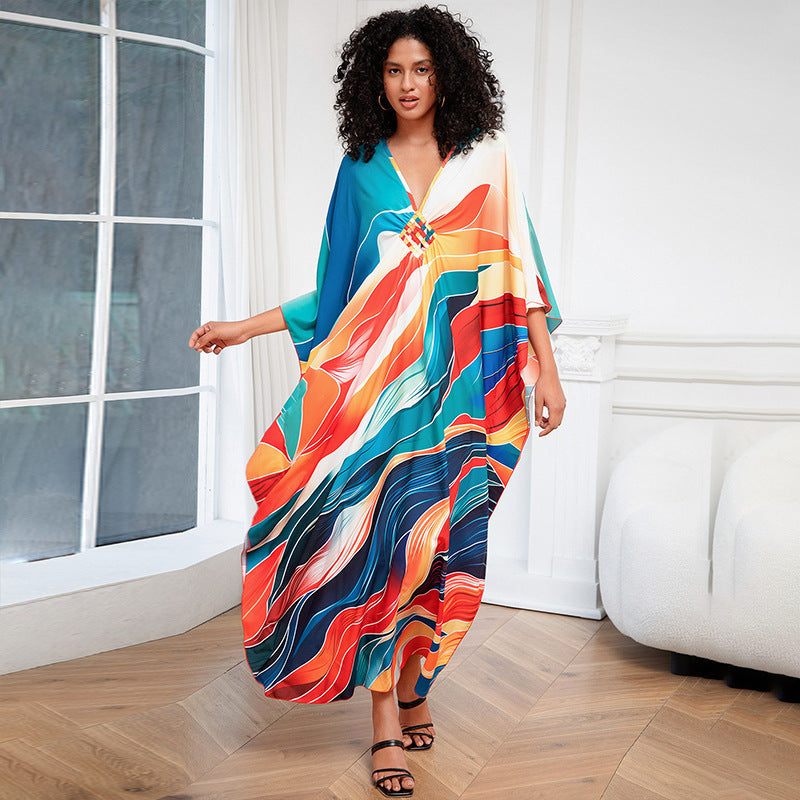 Print Holiday Loose Plus Size Robe Beach Cover-up Dress