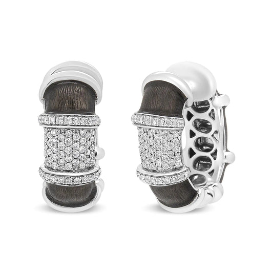 18K White Gold Flash Plated .925 Sterling Silver Clear Graphite Grey Enamel 5/8 Cttw Round Diamonds Huggie Hoop Earrings (F-G Color, VS1-VS2 Clarity)