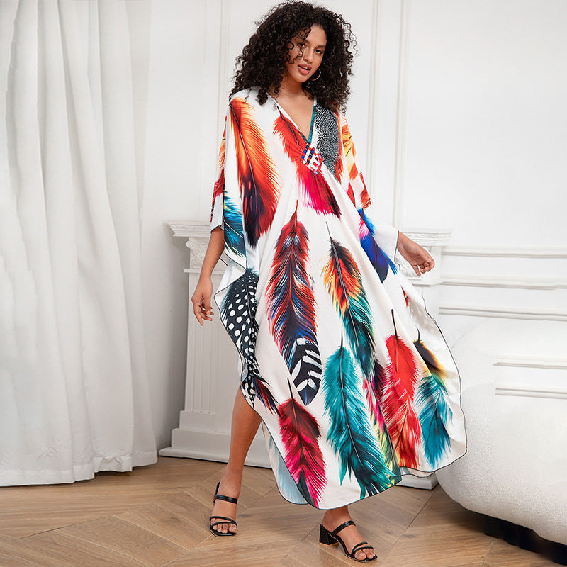 Print Holiday Loose Plus Size Robe Beach Cover-up Dress