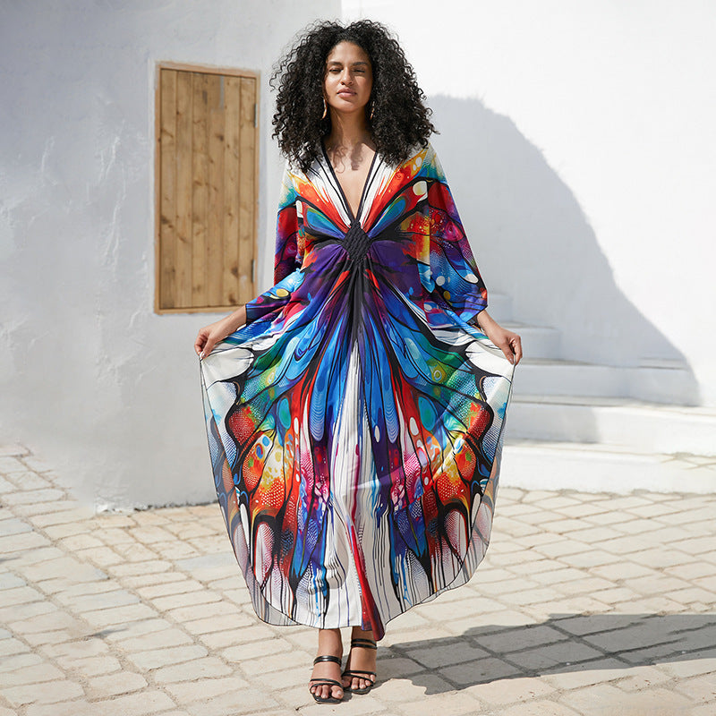 Print Holiday Loose Plus Size Robe Beach Cover-up Dress